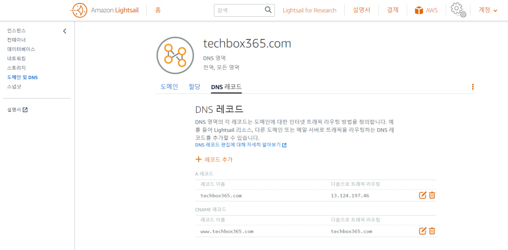 라이트세일 DNS 레코드 생성 확인