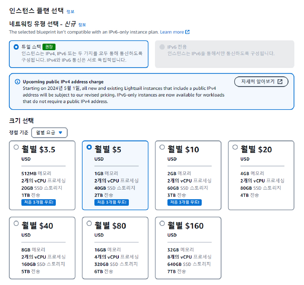 라이트세일 인스턴스 플랜 선택